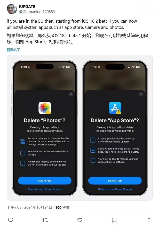 苍梧苹果手机维修分享iOS 18.2 支持删除 App Store 应用商店 